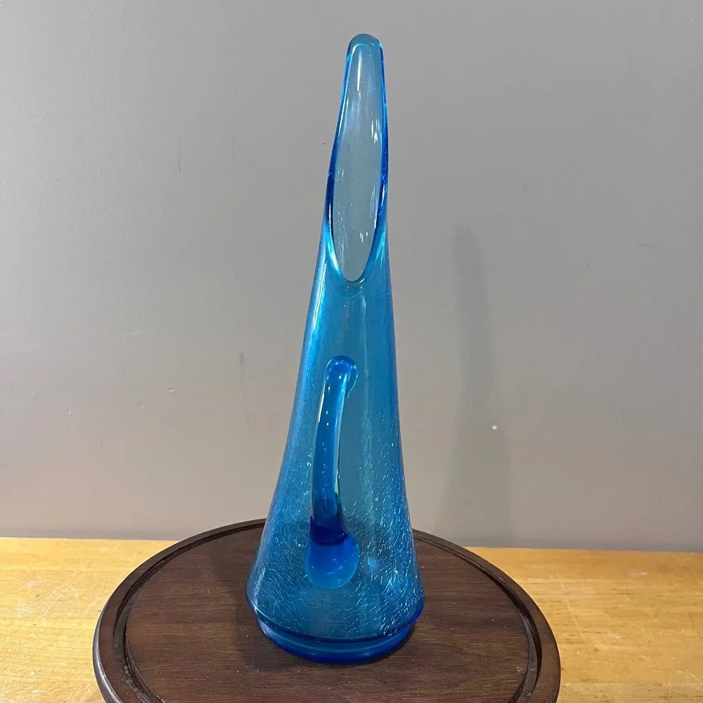 Vtg MCM Kanawha Blue Crackle Glass Pitcher Stretch Spout‎ Art Glass 14.5